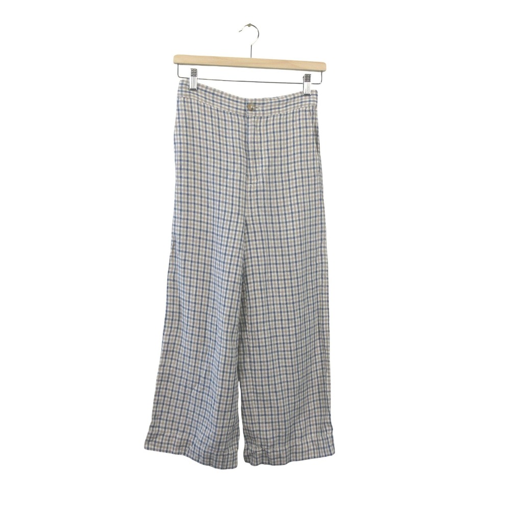 Madewell Huston Button-Front Crop Pants Women XS Plaid 100% Linen Beach 324
